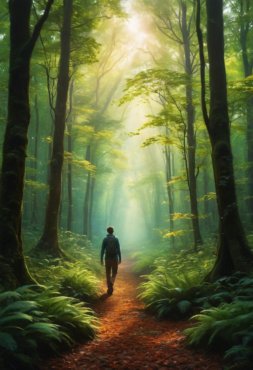 A surreal landscape representing freedom and self-discovery, featuring a lush forest with vibrant colors, where shadowy silhouettes of diverse adults engage in various activities expressing passion and desire. A glowing path leads through the trees, symbolizing a journey of exploration. Ethereal light filters through the leaves, creating an alluring atmosphere. whimsical style. rich textures. fantasy elements.