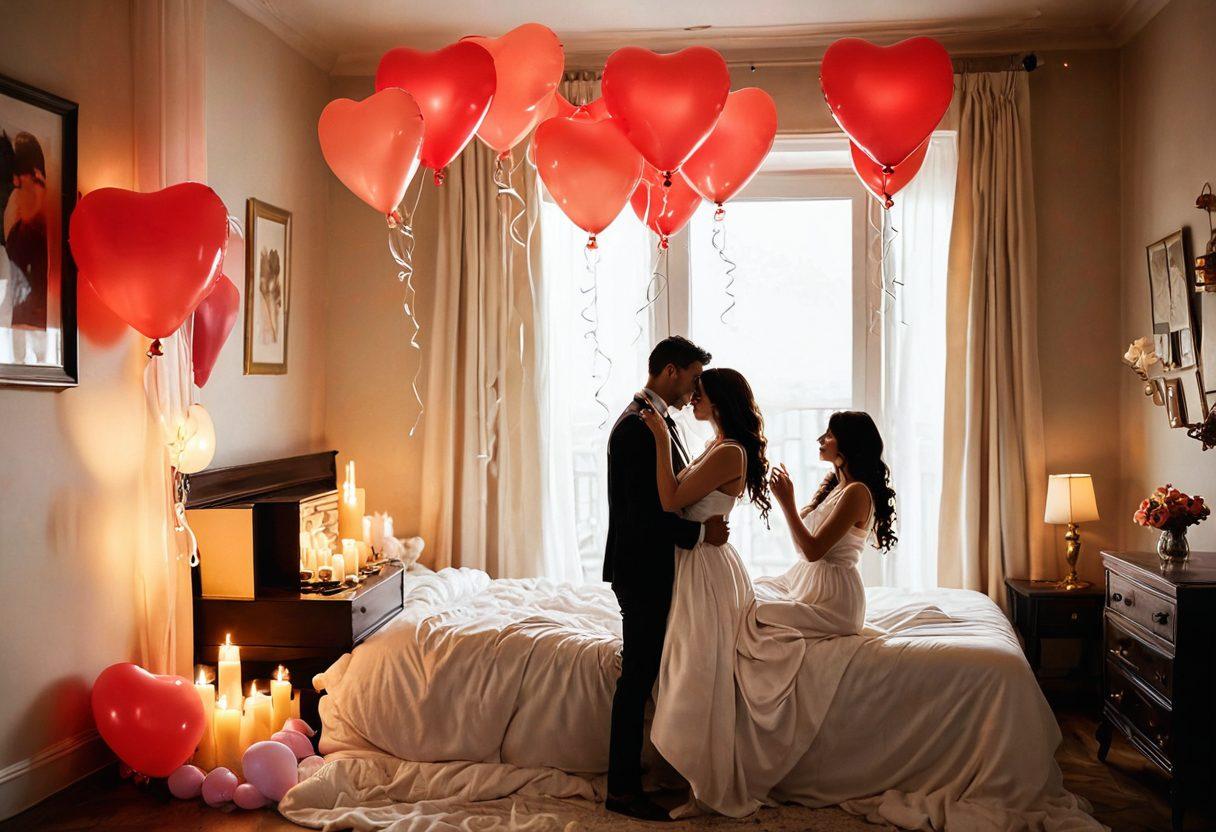 A playful, romantic scene depicting a couple in a cozy, softly lit room, surrounded by whimsical elements like heart-shaped balloons and sensual candles. The couple is sharing a secretive, intimate moment, their expressions filled with excitement and adventure. The atmosphere is warm and inviting, emphasizing the thrill of their escapade. Include hints of passion, flirtation, and playful mischief in the imagery. vibrant colors. soft focus. romantic style.