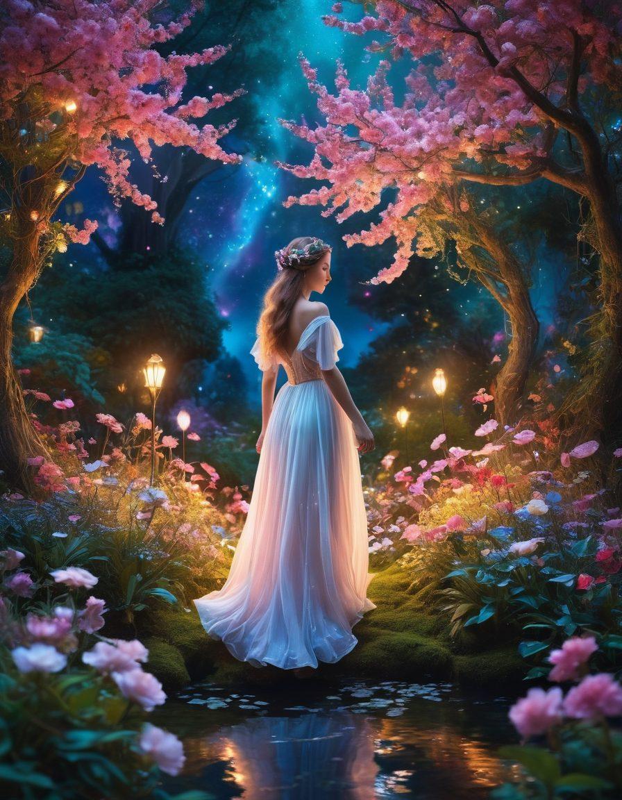 A sensual, ethereal landscape that merges fantasy with reality, featuring whimsical creatures and lush, dreamlike gardens under a starlit sky. Include elements like a serene figure in a provocative pose, surrounded by colorful blossoms and shimmering lights to symbolize inner desires. The scene should evoke a sense of mystery and allure, inviting the viewer into a transformative experience. soft focus. vibrant colors. surreal art.